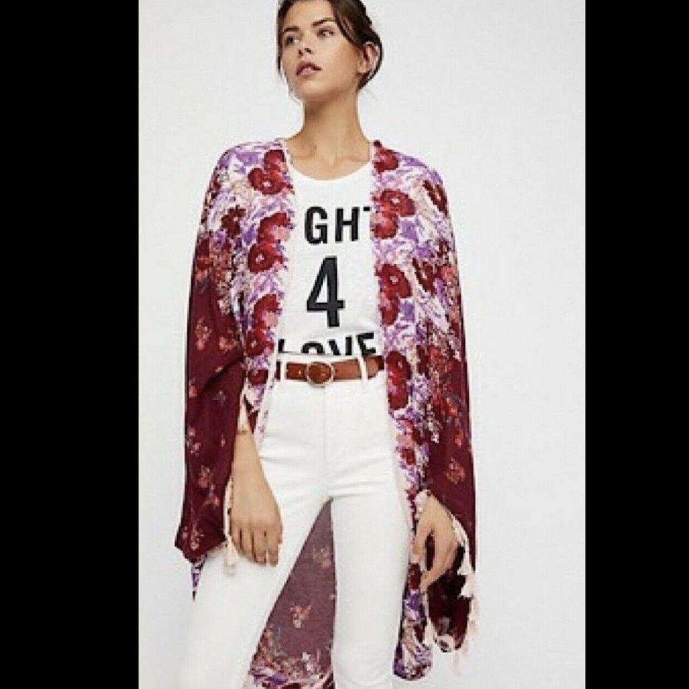 Free People wine Oversized Floral Tassel Kimono - Picture 6 of 7